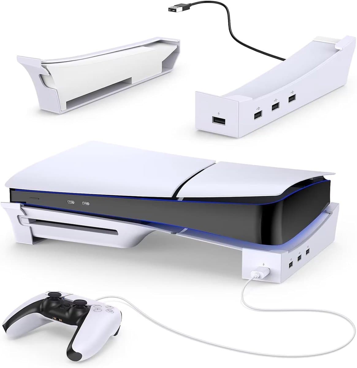 Geschikt voor PS5 Slim console horizontale standaard met 4-poorts USB hub oplaaddock accessoire, Geschikt voor PlayStation 5 Slim disc drive en digitale editie - wit — afbeelding 1