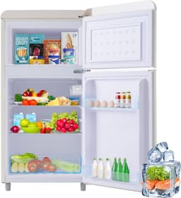 Koelkast, dubbeldeurs 46 x 45 x 91 cm, totale inhoud 72 liter, vriesvak 21 liter, jaarlijks stroomverbruik 120 kWh, ledverlichting, energielabel E, verkrijgbaar in meerdere kleuren, geschikt voor keukens, kinderkamers en appartementen. — thumbnail 5