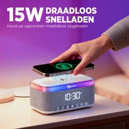 Muring Digitale Wekkerradio – Digitale Klok Slaapkamer – 15 W Draadloos opladen - Speaker met bluetooth - 13 Lichtstanden - Lichtwekker – Wekker voor kinderen & volwassenen – Netstroom – Alarmklok – Wit — thumbnail 5