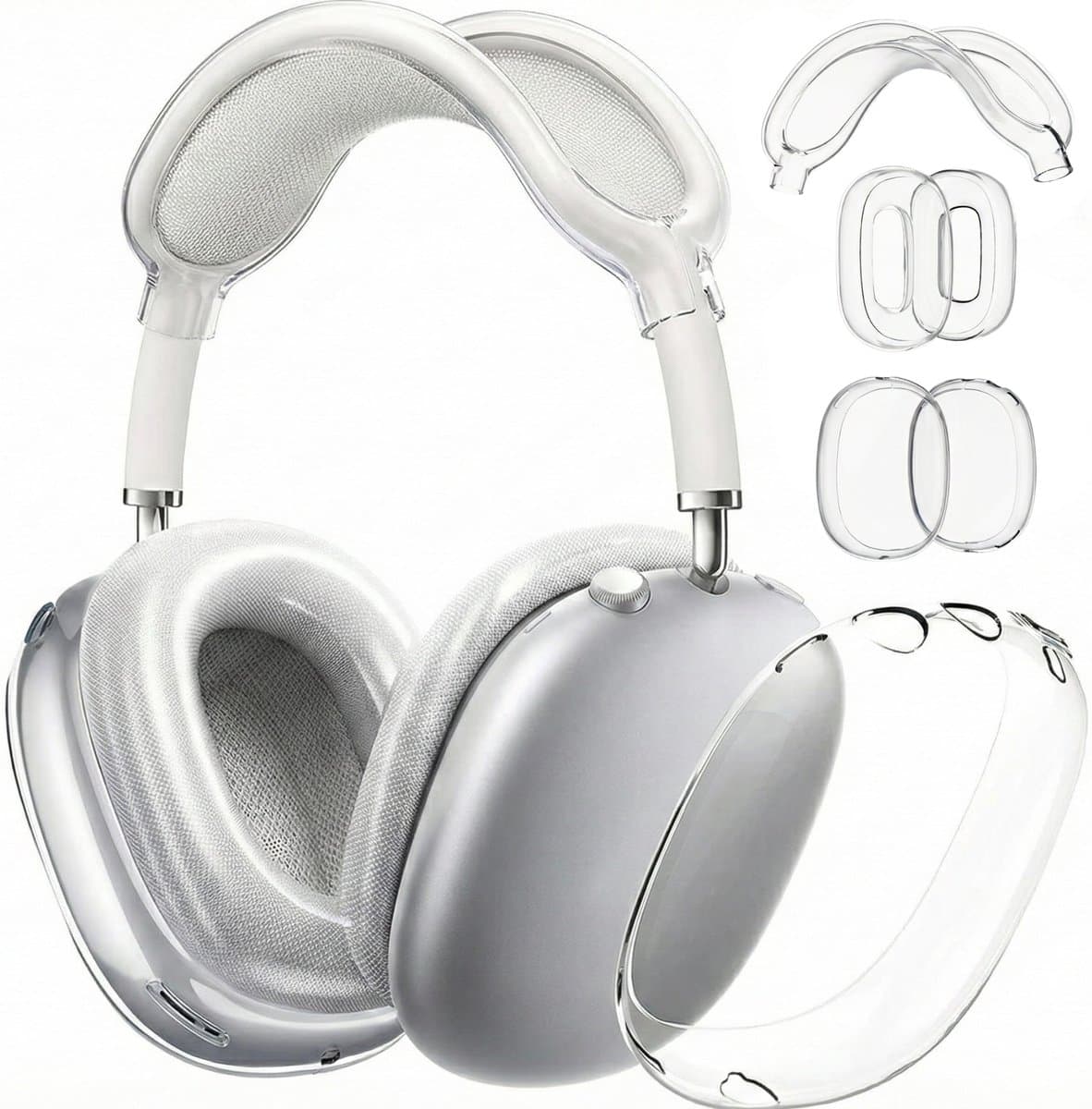 Ainy - Transparante Cover Accessoires - Koptelefoon hoes geschikt voor Apple Airpods Max | 3in1 case set hoesjes, hoofdband en oorkussens | Set van 5 stuks binnen- en buitenkant volledige bescherming — afbeelding 1