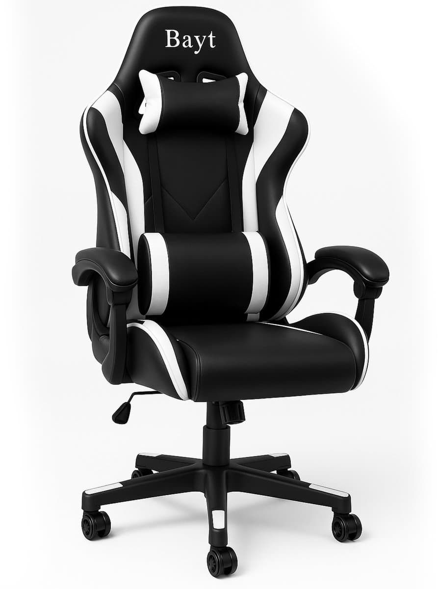 Bayt Gamestoel - Gaming chair - Gamingstoel - Verstelbare rugleuning - Comfortabele game stoel - Zwart en wit — afbeelding 1