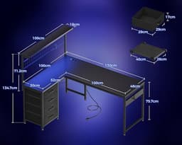 Gaming Hoekbureau L-vorm 130×100 cm – LED-verlichting, 2× Stopcontact & 2× USB, Omkeerbaar Ontwerp – Met 4 Laden, Bovenplank met Pegboard, CPU-houder & Hoofdtelefoonhaak – Koolstofvezel Look, Zwart — thumbnail 3