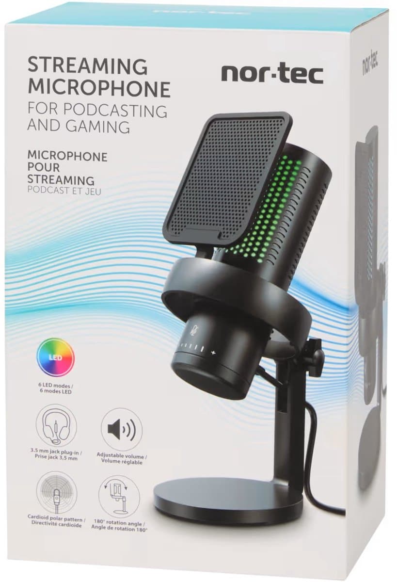 Nor-Tec Streaming Microfoon | USB Microfoon Gaming | Microfoon Podcasting | Professionele Condensator Microfoon | LED Verlichting 6 Modi | Cardioïde Richting | Microfoon voor PC Laptop PS5 | Volume Knop | 180° Verstelbare Standaard — afbeelding 1