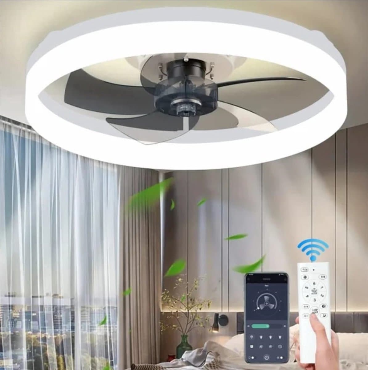 LED Ventilator Lamp - Plafondventilator - 360° Rotatie - Wit - Dimmer - 6 Standen - 48 cm - Woonkamerlamp - Moderne lamp — afbeelding 1
