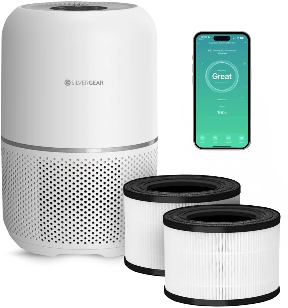 Luchtreiniger Pro met App Combideal 2x Vervangbare HEPA 13 Filter en UV-Lamp - Air Purifier - 165m3/u - Air Cleaner - 4 Standen - Koolstoffilter - Tegen Hooikoorts, Huisstofmijt, Allergie, Stof, Geur, Rook - Wit - Silvergear — afbeelding 1
