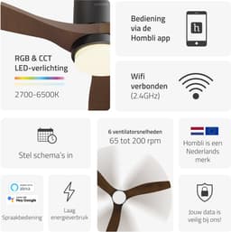 Hombli Slimme Plafondventilator met verlichting - Ø132 cm - Incl. Afstandsbediening - Zwart & Donker Hout — thumbnail 3
