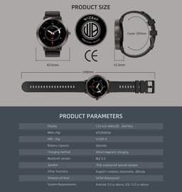 WizBay Premium Select® 1.32inch 6xGPS AMOLED Smartwatch- Hoogte Meter - Kompas - Barometer - Bluetooth Bellen- Dynamische Hartslag Meter - 170+ Multi Sport Modes - Android iOS -Smartwatches - Zwart met Zwarte Siliconen Band — thumbnail 2