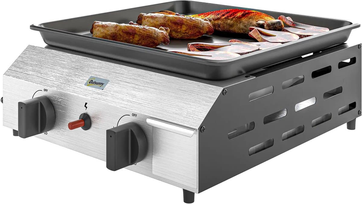 Gasbarbecue - Gasbarbecue en grill op tafel - 2 roestvrijstalen branders en drukregelaar - Gasbarbecue voor op de camping - zilver + zwart — afbeelding 1