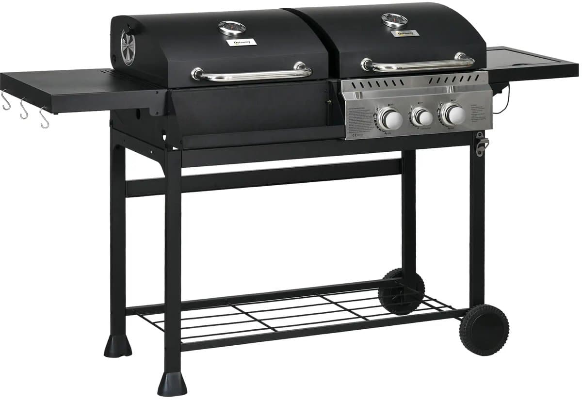 Gasbarbecue - Gasbarbecue en grill - Met slang, thermometer en warmhoudplaten - 5 Branders - Zwart + zilver — afbeelding 1