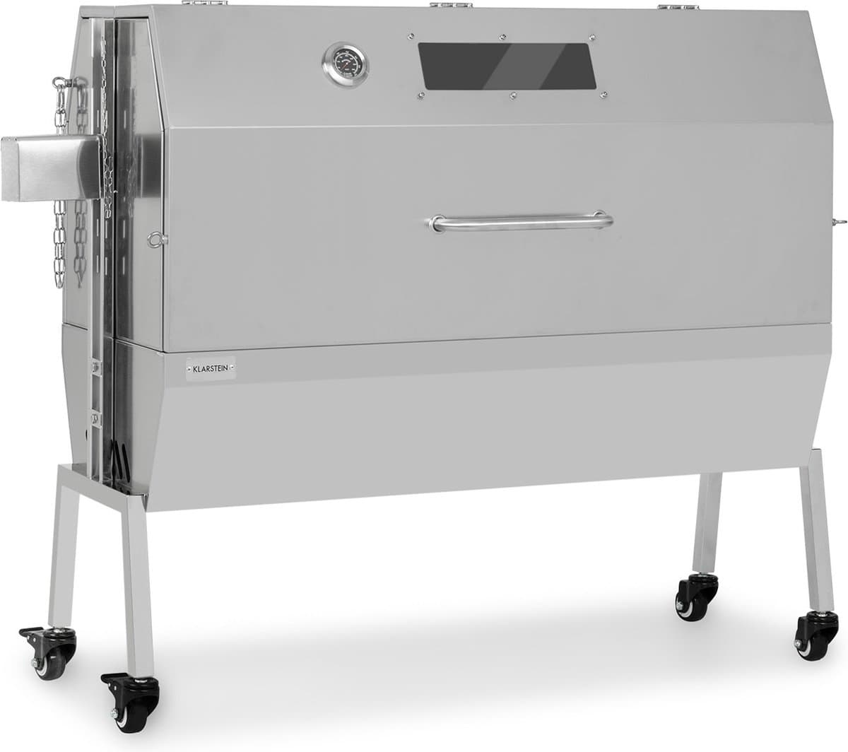 Klarstein Houtskoolgrill 2-in-1 draaispitgrill met motor, Grill met draaiend spit, Grote spitgrill voor speenvarken, Grill met kijkvenster, Spitgrill met roestvrijstalen rooster, Grote met vloerrollen - 57 cm - voor Tuin - Thermometer - RVS — afbeelding 1