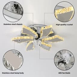 Lotus Kristallen Ventilator Lamp - Crystal Plafondventilator Met Verlichting - Plafonniere - App Bediening - Met Dimmer - 6 Standen Ventilator - Met Afstandsbediening - Keuken Lamp - Woonkamer Lamp - Moderne Lamp - LED - Chrome — thumbnail 5