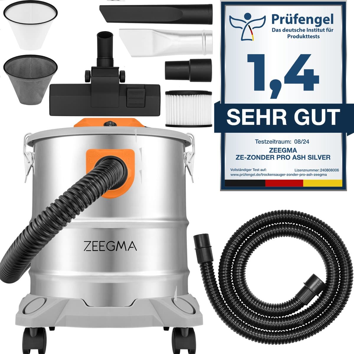 Zeegma Zonder PRO ASH - Stofzuiger voor as en puin - 1600 W - 20L - industriële stofzuiger - roestvrijstalen container - HEPA-filter - blaasfunctie 5 m snoer — afbeelding 1