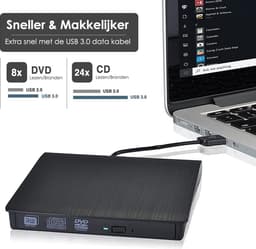 Externe DVD Speler en Brander voor Laptop & Macbook - DVD/CD - Met USB 3.0 en USB-C adapter - Optische drive - Plug & Play — thumbnail 3