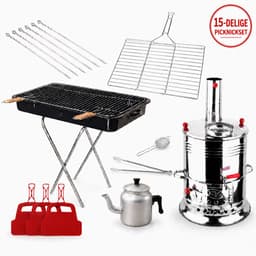 15-delige Picknickset – Barbecue Set met Samowar, Opvouwbare BBQ, Grillrooster, Theeketel en Accessoires — thumbnail 1