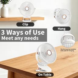 Ulisem - Klemventilator - 4000mAh oplaadbaar - 5 snelheden - 720° draaibaar - Stille motor - Met ledverlichting - Babyveilige afdekking - Geschikt voor camping en wandelen - Wit — thumbnail 5