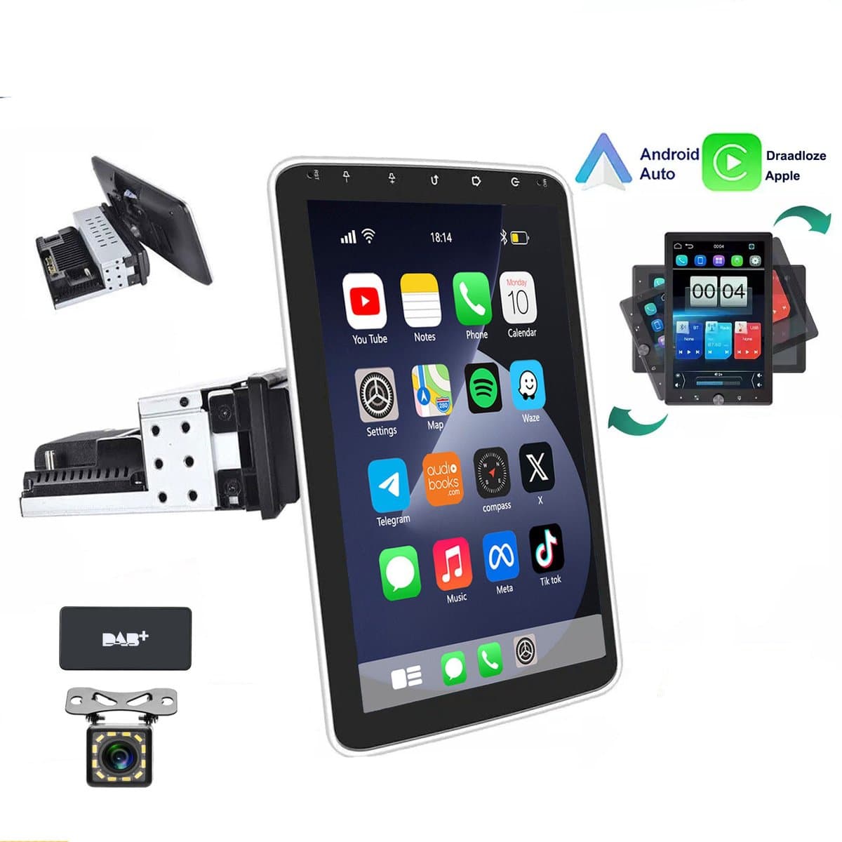 ESSGOO 1DIN Autoradio 360° draaibaar scherm - Android 15 - 4+64G - Draadloos Carplay & Andriod Auto - Bluetooth - GPS-navigatiesystem - 12LED Achteruitrijcamera - Microfoon - Wifi Bluetooth - DAB+ — afbeelding 1
