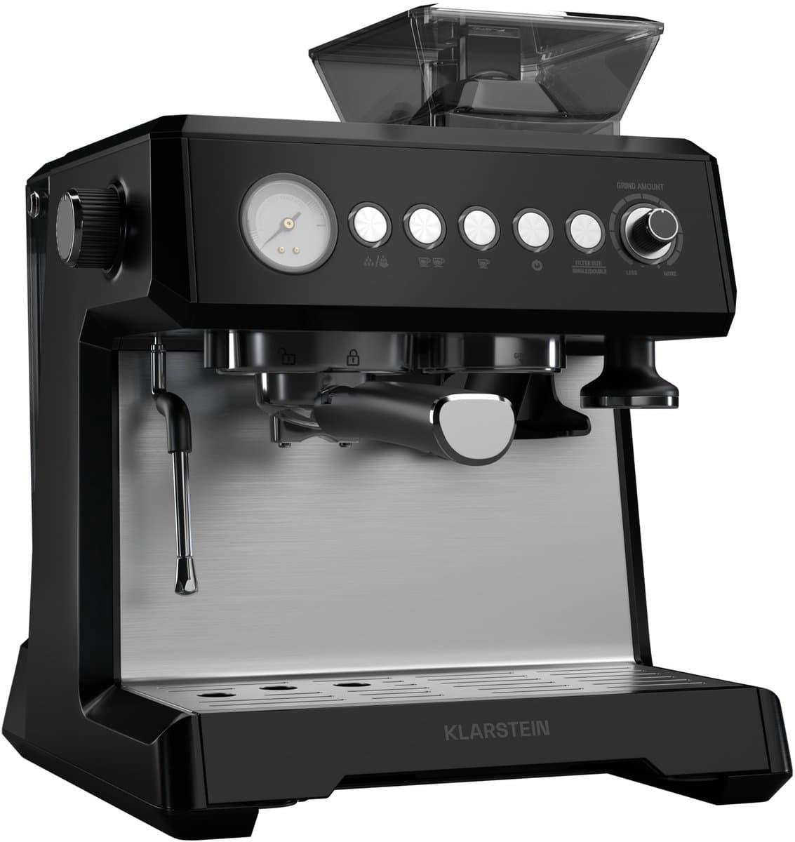 Klarstein GrandPresso espressomachine met ingebouwde molen – 20 bar, 1350 W, geïntegreerde precisiemolen, stoommondstuk, 2,3 liter waterreservoir, zwart, kopjeswarmer — afbeelding 1