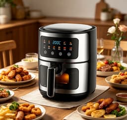 Grote heteluchtfriteuse met 6 liter inhoud, olievrij 1400W gezond kookapparaat met 10 voorgeprogrammeerde programma's digitaal LCD touchscreen kijkvenster antiaanbakmand zwart — thumbnail 2