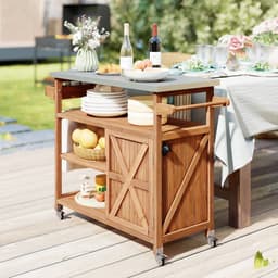 Buitenkeuken op Wielen – BBQ Trolley – Met Opbergkast & Planken – Werktafel voor Buiten – Hout & Metaal – Multifunctioneel – Koffie + Zilver — thumbnail 2