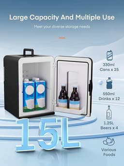 Mini koelkast 15L – Draagbare koelkast voor 21 blikjes – Koelen & verwarmen – AC/DC 12V mini fridge – Stille cosmeticakoeler voor slaapkamer, kantoor & auto – Zwart — thumbnail 2