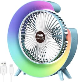 5-inch persoonlijke bureauventilator met LED-verlichting, draagbare tafelventilator met 3 snelheden en 180° kantelbaar, USB-oplaadbare ventilator op accu, stille koelventilator voor slaapkamer, kantoor, buiten en camping – Klein, blauw — thumbnail 1
