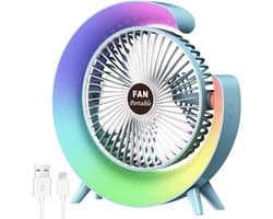 5-inch persoonlijke bureauventilator met LED-verlichting, draagbare tafelventilator met 3 snelheden en 180° kantelbaar, USB-oplaadbare ventilator op accu, stille koelventilator voor slaapkamer, kantoor, buiten en camping – Klein, blauw