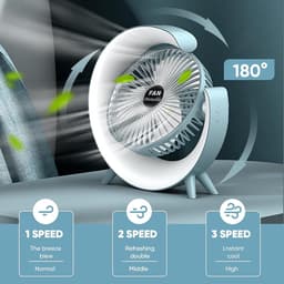 5-inch persoonlijke bureauventilator met LED-verlichting, draagbare tafelventilator met 3 snelheden en 180° kantelbaar, USB-oplaadbare ventilator op accu, stille koelventilator voor slaapkamer, kantoor, buiten en camping – Klein, blauw — thumbnail 3