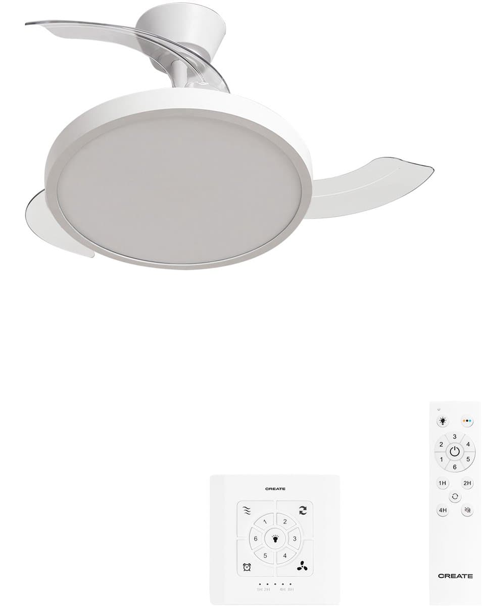CREATE - Plafondventilator 40W stil met intrekbare bladen met licht - Ø91cm - Wit - Controller voor wandmontage + afstandsbediening - WIND CLEAR STUDIO — afbeelding 1