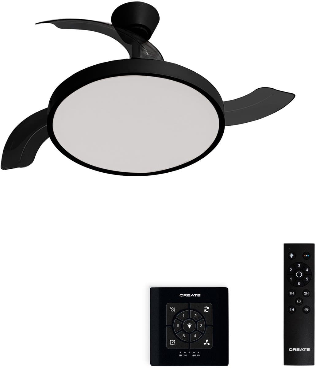 CREATE - Plafondventilator 40W stil met intrekbare bladen met licht - Ø108cm - Zwart - Controller voor wandmontage + afstandsbediening - WIND CLEAR STUDIO — afbeelding 1