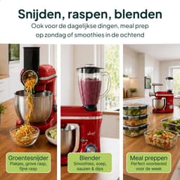 Vivid Green 2000W Keukenrobot - 6.2L - Alles-in-een Keukenmixer - Mixer met Mengkom - Keukenmachine - Gehaktmolen en Blender- Pastamachine – Rood — thumbnail 5