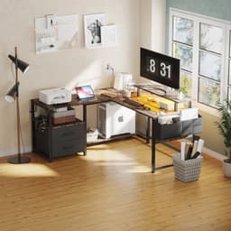 Gaming Bureau met LED Verlichting - 120x120x75cm - L-Vormig Game Bureau met Stopcontact - 2 Non Woven Lade - Gaming Desk - Computer Tafel - Gaming Tafel - Bureau voor Gamen, Studeren en Werken - Vintage Bruin — thumbnail 3