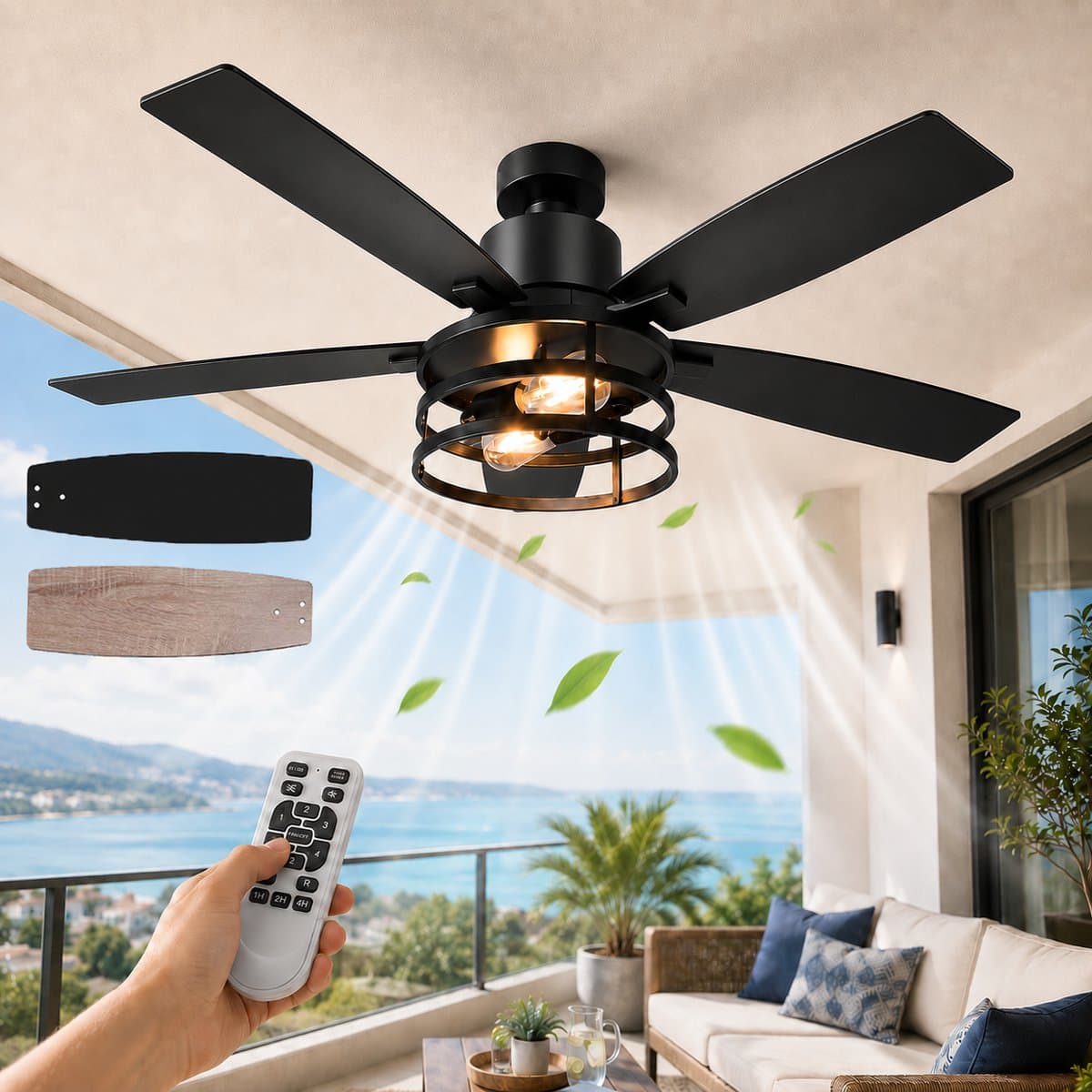 MUPOO Zwart Industrieel XXL Plafondventilator met Verlichting 132 cm -DC Motor <30dB&Afstandsbediening -Zomer- en winterstand- 6 Snelheden & Timer -voor Eetkamer ,Woonkamer & Terras-Walnoot houten ventilatorbladen — afbeelding 1