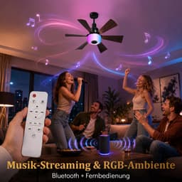 MUPOO Moderne Plafondventilator met Lamp E27 Fitting - Afstandsbediening& Bluetooth Speaker - RGB &Dimbaar - 6 Verstelbare Hoogtes & 3 Snelheden - ventilator plafondlamp Voor Slaapkamer en Woonkamer — thumbnail 4