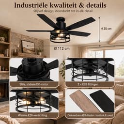 MUPOO Zwart Industrieel Plafondventilator met Verlichting 112 cm -DC Motor <30dB -Zomer- en winterstand&Afstandsbediening- 6 Snelheden & Timer -voor Binnen,Slaapkamer & Terras-Walnoot houten ventilatorbla — thumbnail 3