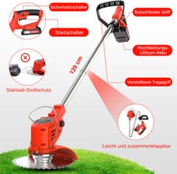 Accu grastrimmer met accu, gazonkantentrimmer met 2 accu's 21V en 4 mestypen + 1 tuinschaar, opvouwbare grasmaaier-Rood — thumbnail 4