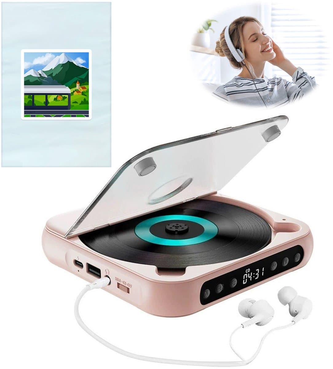 Bluetooth CD-speler - Draagbare CD-speler - Hi-Fi Geluidskwaliteit - 2000mAh Oplaadbare Batterij - 6 Uur Speeltijd - 2.4GHz Bluetooth - Met Anti-schok Technologie - Lichtgewicht 280g - Roze — afbeelding 1