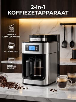 Koffiemachine met Bonenmaler – Volautomatisch Koffiezetapparaat 1L – LCD Display & Timerfunctie – Voor Verse Koffiebonen en Gemalen Koffie – RVS — thumbnail 2