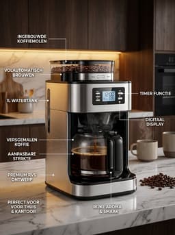 Koffiemachine met Bonenmaler – Volautomatisch Koffiezetapparaat 1L – LCD Display & Timerfunctie – Voor Verse Koffiebonen en Gemalen Koffie – RVS — thumbnail 3