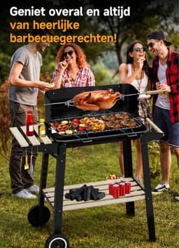 Houtskoolgrillwagen met draaispit, roestvrijstalen rooster en 5 hoogte-instellingen. Mobiele barbecue met 2 houten planken en wielen. — thumbnail 5
