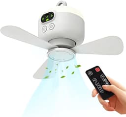 Draagbare kampeerventilator / plafondventilator - 8000mAh op batterijen(Met afstandsbediening en verlichtingsfuncties) - Met 3 afneembare ventilatorbladen - 4 snelheden Timerfunctie beschikbaar - Voor picknicks reizen en noodgevallen — thumbnail 1