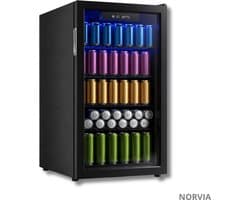 Norvia - Drankenkoelkast - Koelkast - Drankkoelkast - 90L - Glazen Deur - Verstelbare Planken - Stil - LED Verlichting - Zwart