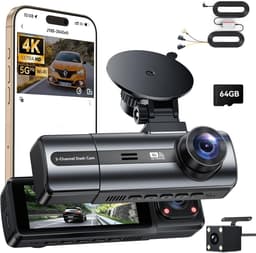 4K dashcam voor en achter, 3-kanaals dashcam met hardwire-kit, 24-uurs parkeerbewaking, 64 GB SD-kaart, Wifi, App, Nachtzicht — thumbnail 1