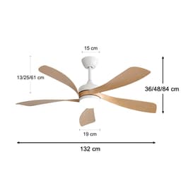 Plafondventilator Met Lamp - Stille ventilator - 5 ABS Bladen - Ø 52 inch - Dimbare lamp met 3 lichtstanden - 6 standen voor de windkracht - Met Afstandsbediening - LED's Light - Wit, natuurlijke houtkleur — thumbnail 3