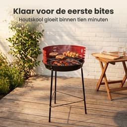 Cheqo® Houtskool Barbecue - Ronde BBQ op 3 Poten - Staande Barbecue - Grillrooster met Windscherm - Verstelbaar Rooster voor Tuin en Balkon - Buitenbarbecue - Houtskoolbarbecue - Rood - Camping BBQ - Grillen voor Buiten - Picknick — thumbnail 5