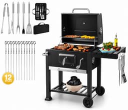 SMH LINE® BBQ houtskool XL- Smoker Barbecue - Incl. BBQ Greedschapset en 12x BBQ Spiezen - Verstelbare Kolenroosters & Inklapbare Zijtafel - Zwart — thumbnail 1