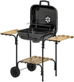 Premie Stalen Houtskool Barbecue - Smoker Barbecue - Houtskoolgrill - Grillwagen met Afsluitbaar Deksel, Wielen, Handvat, Houten Plank - BBQ voor Kamperen, Buiten, Tuin - 98 x 54 x 91 cm - Zwart — thumbnail 2