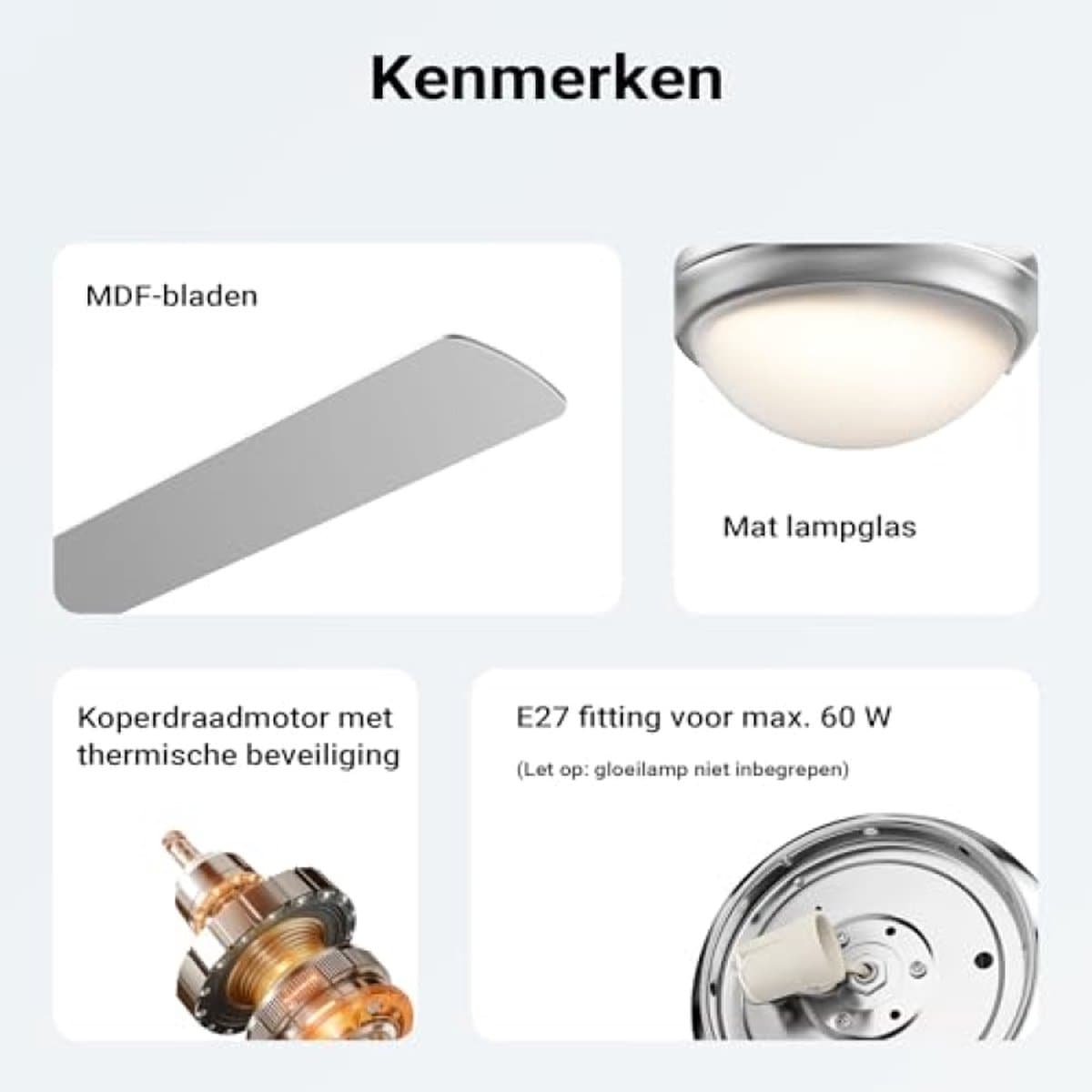 Plafondventilator 130 cm met verlichting en afstandsbediening - 3 snelheden, zilver — afbeelding 1