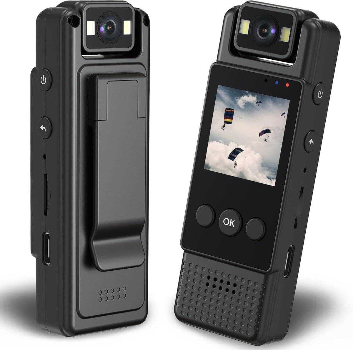 Deze draagbare mini-bewakingscamera met hoge resolutie (1080p) beschikt over een 180° draaibare lens, een batterijduur van 6 uur en bewegingsdetectie, waardoor hij geschikt is voor sporten, fietsen, reizen en andere situaties. — afbeelding 1