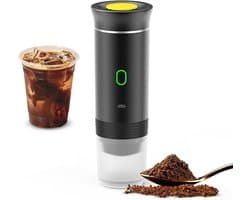 Zwarte draadloze koffiemachine voor in de auto, thuis en op reis, 3-in-1 elektrische koffiemachine, geschikt voor capsules of gemalen koffie, mini-koffiemachine (15 bar) voor koud en warm koffiezetten, kopjes met een inhoud van 15 ml.