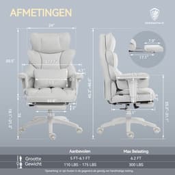 Dowinx Gamingstoel - Ergonomische Bureaustoel - Verstelbaar - Gaming Chair - Comfort gamer stoel - Pocketvering Zitkussen - Dubbele Zachte Rugleuning - Verstelbaar Lendenkussen - Met armleuningen - Met voetsteun - Stof -Wit — thumbnail 4